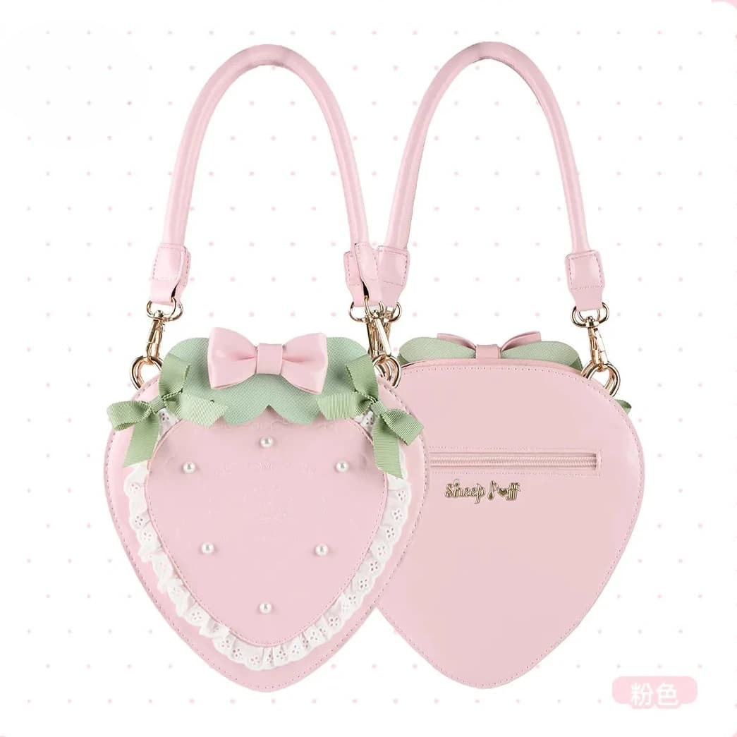 Sac à main Fraise avec nœud mignon pour femme, en dentelle perlée, style Princesse, Sac Lolita Origi