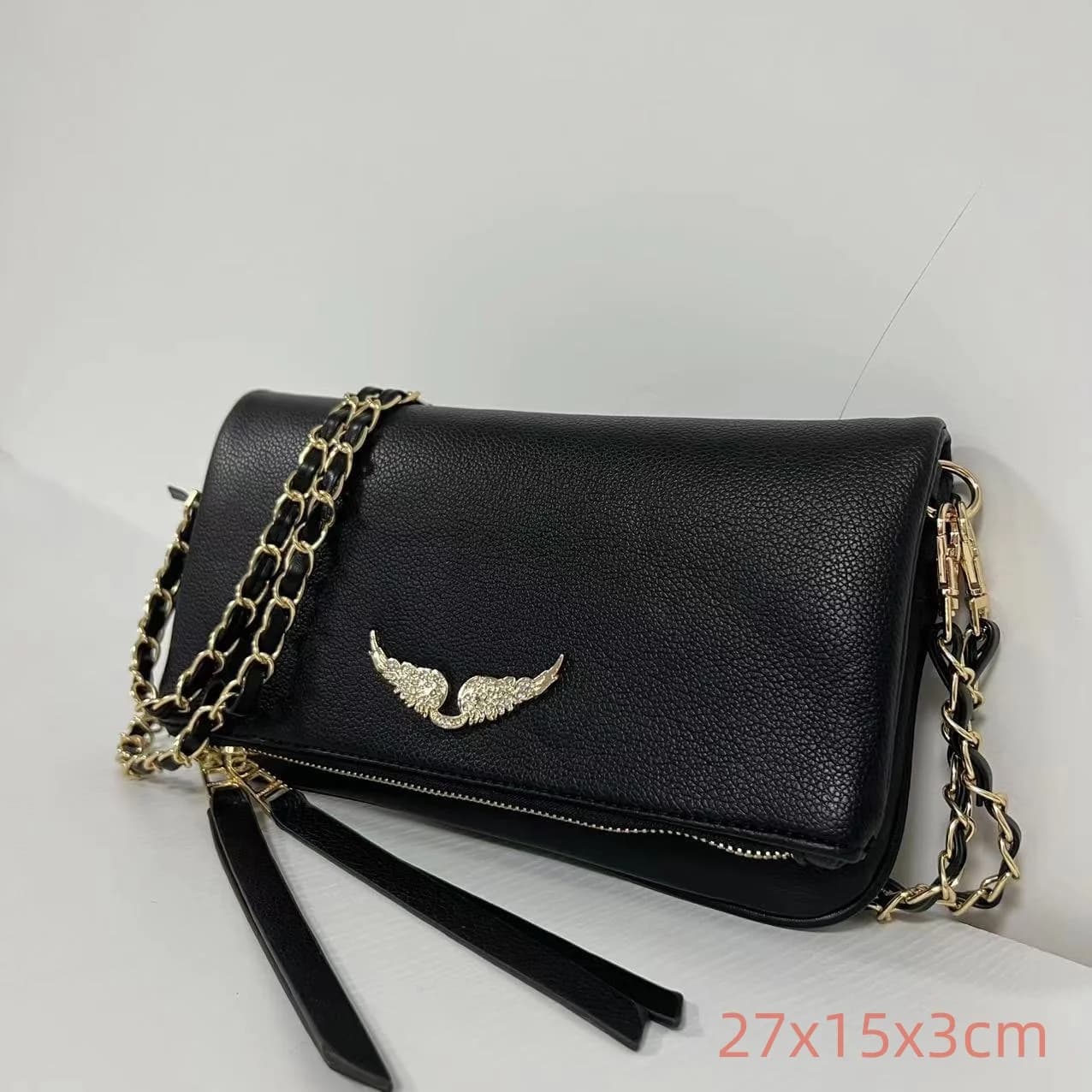 ZADIG & VOLTAIRE Sac à bandoulière en cuir PU noir pour femme, sac à chaîne avec décor d'ailes en st