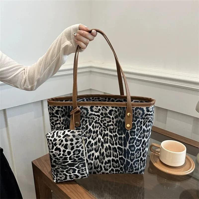 Sac fourre-tout léopard avec pochette, sac à main élégant en cuir synthétique, sac à bandoulière, sa