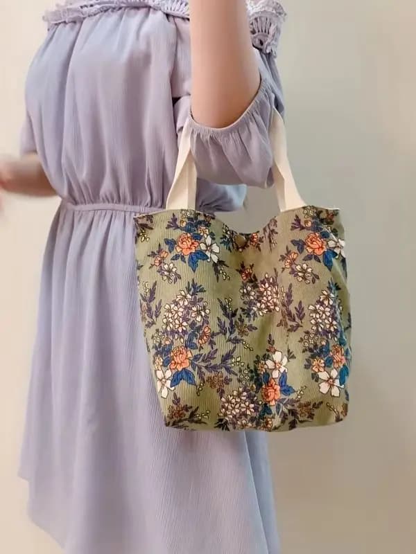 Sac fourre-tout en velours côtelé pour femmes et filles, motif petites fleurs vertes, marguerites bl