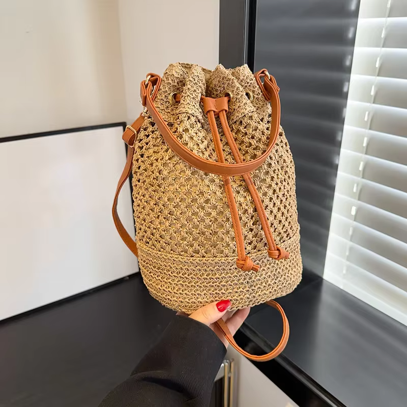 Sacs à main tissés, sacs à bandoulière en paille d'été, sacs seau tissés à la main pour femmes, sacs