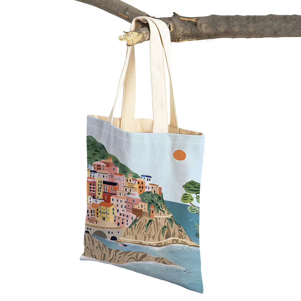 Sac de shopping paysage vintage pour femme, double impression, sacs à main en lin, fourre-tout initié, Barcelone, Santorin, Positano